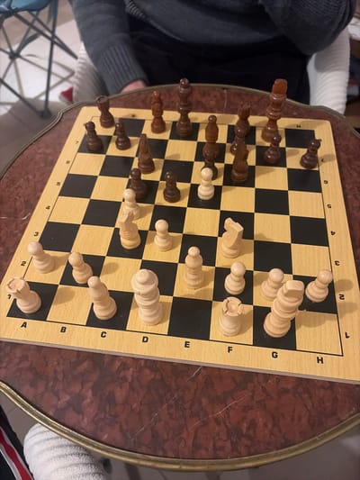 An overhead, rotated view captures a chess game in progress on a wooden board with black and light squares, set on a round, reddish-brown marble-patterned table with a golden rim. The image is taken indoors, likely in Cagnes-sur-Mer, France.
The chessboard is populated with numerous wooden chess pieces. Light-colored pieces occupy the right side of the board (closer to ranks 1-4), while dark-brown pieces are on the left (closer to ranks 5-8). Many pawns from both sides are visible, along with kings, queens, rooks, bishops, and knights. Several pieces are tilted or slightly askew, indicating active play or a recently moved position. Notably, a white knight is advanced to an apparent e5 square.
Visible algebraic notation along the board edges includes letters "A" through "G" (with an "H" likely present but obscured or misidentified as "I" by OCR) and numbers "1" through "8".
Parts of a person are visible on either side of the table: a left arm, clad in a dark long-sleeved shirt and grey ribbed cuff, extends from the upper left, while a leg or foot, wearing a white sock with red and black stripes, is visible in the lower right corner. The background is softly blurred, hinting at an indoor setting. The lighting appears to be ambient indoor light.