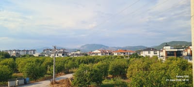 This media file depicts a scenic view of a semi-rural residential area, likely in Dalaman, Turkey. The scene is dominated by lush green trees in the foreground, possibly an orchard, leading up to a cluster of modern houses and apartment buildings in the mid-ground. The houses are predominantly white with red-tiled roofs, showcasing contemporary architecture with some featuring solar panels. In the background, rolling hills and mountains form a majestic natural backdrop, partially obscured by a hazy sky.

The time of day appears to be late afternoon or early evening, suggested by the soft lighting and the angle of the shadows. The weather seems pleasant, with a mix of blue sky and scattered clouds, creating a slightly dramatic sky. Power lines stretch across the frame, indicating the presence of infrastructure. On the left side of the foreground, two large waste bins are visible, hinting at the everyday life in this residential area.

No people are explicitly visible in the image, nor is there any specific activity or event taking place. The overall mood is tranquil and picturesque, highlighting the harmonious coexistence of nature and modern living.

Visible text in the bottom right corner reads: "Galaxy S20 21 June 2026 18:10". This indicates the device used to capture the image and its metadata, though the date is in the future.