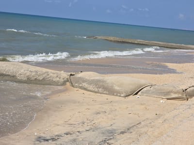 A bright, daytime photograph captures a coastal scene featuring the ocean, a sandy beach, and multiple large, grey geotextile tubes utilized for erosion control. The sky is a clear, light blue with sparse white clouds, suggesting sunny weather.

The ocean, displaying a blend of blue and green tones, occupies the left and upper portions of the frame. Gentle waves with white foam break along the shore and recede, creating patterns on the wet sand. A prominent geotextile tube extends partly into the water from the left, serving as a submerged breakwater or groin. Further out, a smaller, dark, elongated structure runs roughly parallel to the horizon. In the far distance, a small, light blue boat is visible on the water, with a faint, low landmass or hill along the distant horizon.

The foreground and midground are dominated by the light brown sandy beach. The sand is damp and darker closer to the water's edge, with some scattered small white debris, shells, and faint footprints. Another substantial geotextile tube lies partially embedded in the sand in the mid-right, parallel to the shore. These tubes appear weathered and are partially covered by sand and possibly some residue. A small, green, fruit-like object (possibly a lime) rests on the sand in the foreground. No people or visible text are present in the image.