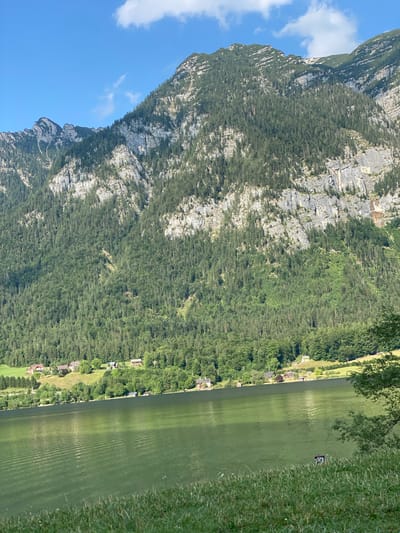 The image depicts a wide-angle view of a serene lake with gently rippling water in the foreground, set against a backdrop of lush green forested mountains. In the mid-ground, a line of houses and buildings can be seen nestled along the lakeshore, suggesting a small settlement. The mountains are characterized by rocky outcrops and dense coniferous forests, ascending towards a bright blue sky dotted with a few white clouds. The overall impression is one of natural beauty and tranquility, characteristic of a scenic rural landscape in Austria, possibly within the vicinity of Bad Goisern am Hallstättersee, given the mention of the location. There are no people or specific actions visible in the image.