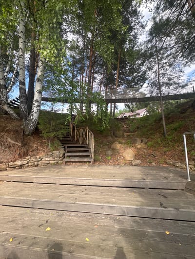 This image depicts an outdoor scene with a wooden walkway and stairs in a wooded area. The walkway, made of weathered grey planks, occupies the right side of the frame and extends upwards. To the left of the walkway, a stone retaining wall is visible. Beyond the wall, a wooden staircase descends into a densely wooded slope. The stairs are rustic and appear to be constructed from rough-hewn wood.
The surrounding environment is characterized by numerous trees, including tall pines and birch trees with their distinctive white bark and black markings. Lush green foliage, likely from deciduous trees and undergrowth, covers the slope. In the background, a building with a reddish-brown roof is partially visible amongst the trees. The sky, glimpsed through the branches, is blue with some white clouds. The lighting suggests it is daytime, possibly late morning or afternoon, with sunlight casting shadows.
The scene appears to be a natural setting, possibly a park, a private property, or a trail, designed to provide access to a lower elevation or a body of water, indicated by the presence of stairs and a walkway. The overall atmosphere is serene and natural, with the weathered wood and overgrown vegetation suggesting a well-established, perhaps somewhat rustic, location. There is no visible text in the image. The location context provided is Pozdyshki, Russia.