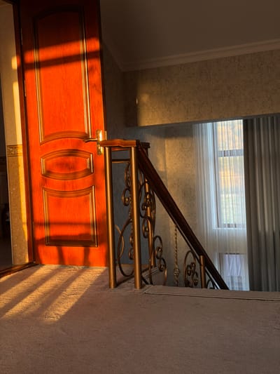 This is an interior shot of a hallway in a residential building, possibly in the city of Karankultugay, Uzbekistan. The scene is illuminated by the warm, low-angle light of the setting sun, which casts strong shadows across the carpeted floor and a wooden door. The door, with its arched top and inset panels, is on the left side of the frame and appears to be made of a reddish-brown wood. A metallic doorknob and lock are visible. To the right of the door, a staircase railing with ornate metalwork is present. The railing is dark brown, and the metalwork is a golden color, featuring swirling decorative elements. The staircase itself is carpeted with a light brown, textured material, similar to the floor in the foreground. Beyond the railing, sheer white curtains cover a window, allowing diffused light to enter the space. The walls appear to be covered in textured wallpaper. The overall impression is one of a quiet, domestic interior bathed in the golden hour light.