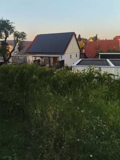 The image depicts a residential area in Pegnitz, Germany, at sunset. The scene is dominated by a house with a dark-tiled roof covered in solar panels, suggesting a focus on renewable energy. Adjacent to this house are other buildings with traditional red-tiled roofs, typical of European architecture. A large tree with green foliage stands to the left of the house, its branches reaching towards the sky.
In the foreground, a dense green hedge and tall grass create a natural barrier, partially obscuring a chain-link fence. Small white wildflowers are scattered throughout the grass, adding a touch of color to the natural landscape. The light suggests the golden hour, with the sun low in the sky casting a warm glow over the scene. The sky is clear and transitioning from a pale blue to a softer hue, indicating the end of the day.
There are no people visible in the image, and the overall mood is one of quiet serenity and domestic life. The presence of solar panels hints at a modern, eco-conscious lifestyle, while the surrounding houses and vegetation ground the scene in a familiar European setting. The composition, with the natural elements in the foreground and the houses in the background, creates a sense of depth and perspective. The image is free of any visible text.