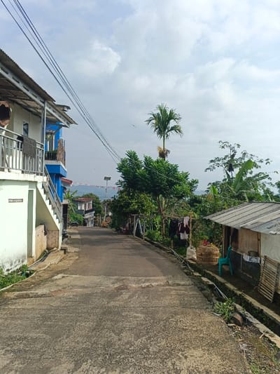 This media file captures a serene, everyday scene in a residential area of Meilangtlang, Myanmar (Burma), likely in the morning or early afternoon given the bright, soft sunlight. The perspective is from a slightly elevated position, looking down a gently sloping, paved road.

On the left, a two-story house with a corrugated metal roof is partially visible. Its lower level is white, while the upper floor features a vibrant blue section and a balcony with a metal railing. An external concrete staircase leads up to the upper level. Several utility wires traverse diagonally across the top left of the frame, connected to unseen poles. Faint dark text, appearing as a repeating pattern like "WWWWWWWWW", is visible on the lower white wall of the house.

The road itself is concrete or asphalt, showing signs of wear and patches, and descends into the distance where more houses and hills are visible under a partly cloudy sky. In the mid-ground, small flags or banners are strung across the road, and a solar-powered street light stands on a pole.

The right side of the image is characterized by lush green vegetation, including various trees and a prominent tall palm tree. Closer to the foreground, a simple, rustic hut with a corrugated metal roof stands, its walls made of light-colored materials. Outside the hut, a light blue plastic chair and two woven baskets, possibly for poultry or storage, are present. Clothes are seen hanging on a line to dry between some trees, indicating daily life. A drainage ditch runs alongside the right edge of the road.

The overall impression is of a quiet, semi-rural community nestled within a verdant, hilly landscape.