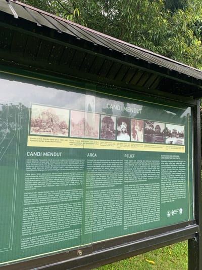 A green informational sign with a brown metal roof is situated in a lush green forest at Candi Mendut, a Buddhist temple located in Mungkid, Indonesia (latitude: -7.604, longitude: 110.23). The sign displays a large image of the temple with surrounding greenery and a banner at the top that reads “Candi Mendut.” The sign contains text and images in the Indonesian language, describing the history and architecture of Candi Mendut. Several small black and white photographs are displayed on the sign, depicting the temple from different angles. The photographs are divided into sections and labelled with descriptive titles. The sign is facing towards the viewer.