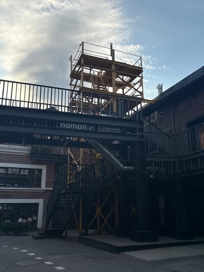 This is a ground-level, eye-level, medium shot of an outdoor courtyard area with a modern industrial aesthetic. The scene is dominated by a multi-level metal structure with walkways, staircases, and exposed framework, suggesting an unfinished or artistic construction. A prominent black metal beam crosses horizontally across the upper portion of the frame, bearing white text that reads "nomon" on the left and "UNO QUADRO" with smaller Russian text below it on the right.
To the left, a two-story brick building features large windows with dark frames. A section of white text on this building reads "VALLEY." In front of this building, several garden carts are visible, laden with plants and a pink flower. The ground is paved with asphalt, marked with white dashed lines, and a manhole cover is present.
To the right, another brick building with dark windows is partially visible, and the scene continues to show intricate metalwork, including staircases and railings, creating a sense of depth and complexity. The sky above is partly cloudy with patches of blue. There are no people or animals visible in the frame. The overall impression is of a contemporary urban space, possibly a commercial or artistic district, in Zhabkino, Russia.