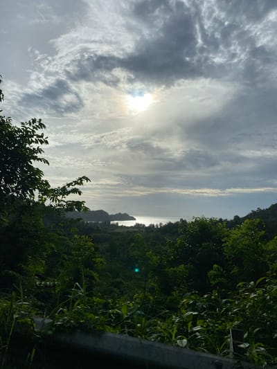 The image shows a coastal scene in Paroy, Indonesia. The sky is filled with clouds, obscuring the sun. Below the sky is the ocean and a distant land mass. Vegetation, primarily green trees and shrubs, occupies the right side and the lower part of the frame, bordering what appears to be a road or ledge. The picture appears to be taken from a high place.