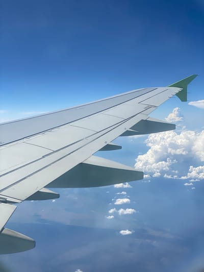 This media file is a photograph taken from an airplane window, looking upwards and outwards. The primary subjects are the wing of the airplane and the sky above. The airplane's wing dominates the lower portion of the image, appearing sleek and metallic with visible panel lines. The wing curves upwards and to the right, with several winglets extending upwards from its surface. The tail fin of the airplane, painted a light green, is visible at the top left.

The setting is the sky, characterized by a clear, bright blue expanse. Scattered white, fluffy clouds are visible against the blue, some appearing dense and voluminous while others are wispy. The sun is not directly visible, but its presence is indicated by the bright illumination and slight glare in the lower left part of the image, suggesting it is daytime.

Below the clouds, a hazy terrestrial landscape is visible, appearing somewhat abstract due to the altitude and possibly atmospheric conditions. This landscape suggests the airplane is in flight over land. There are faint lines and shapes on the ground, possibly fields or roads, but they are not clearly distinguishable.

The overall impression is one of travel and perspective from a significant altitude. The image conveys a sense of openness and the vastness of the sky. There are no people visible, only the man-made structure of the airplane's wing and the natural elements of the sky and land. No text is legible in the image. The context provided indicates the location as Сереброполь, Russia, although this specific location is not visually evident within the photograph itself.