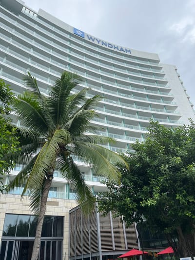 The image shows a modern, white, curved hotel building with many balconies. The hotel has a large blue "WYNDHAM" logo on its upper facade. In the foreground, a large palm tree with coconuts stands tall, its fronds reaching upwards. To the right of the palm tree is a lush green tree with dense foliage. The lower part of the image shows architectural elements of the building's base, including stone cladding, large glass windows, and metal grating. Two red umbrellas are visible at the bottom right, suggesting an outdoor seating area. The sky is overcast. The location is the Tianya District, China.