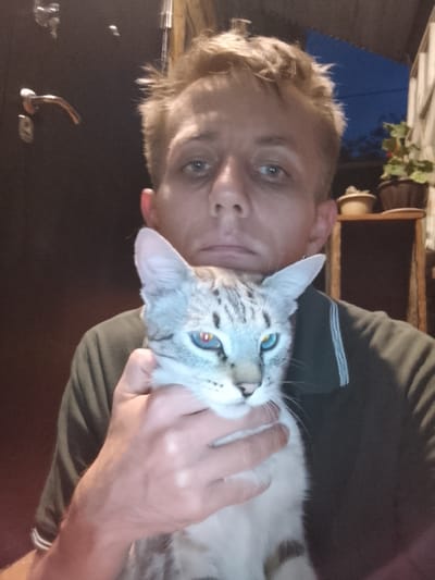 A selfie taken from a low angle shows a person holding a cat. The person, with blonde, tousled hair, is looking towards the camera with blue eyes. They are wearing a dark green polo shirt with white stripes on the collar. The cat, held by the person's hands, is predominantly white with grey tabby markings and striking blue eyes with a red hue. The background is dimly lit, featuring a dark door with a metallic handle on the left and shelves with potted plants on the right. The sky is visible in the upper right corner, appearing dark blue, indicating it is either dusk or night. The setting is likely outdoors, on a porch or balcony, possibly in Talgar, Kazakhstan, given the provided location.