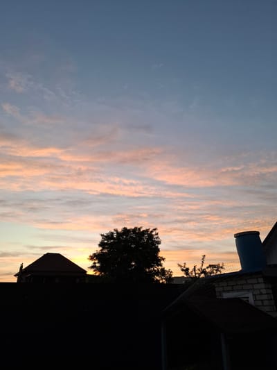 The image depicts a sunset scene in Korenovsk, Russia. Silhouetted against a sky filled with pale pink and blue clouds are several structures, including a house with a peaked roof and a chimney made of white brick. A large tree stands prominently in the middle ground, and a smaller tree is visible to its right. The foreground is dominated by the dark silhouette of a fence and what appears to be a small covered structure. The overall impression is a quiet, rural evening.