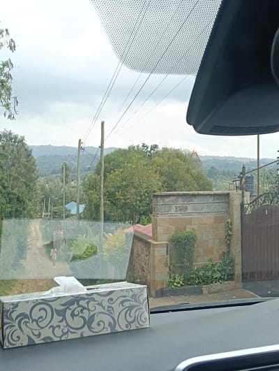 A tissue box with a grey and white swirled pattern sits on a dashboard in the foreground. Behind it, viewed through a windshield, is an outdoor scene. A dirt road winds through a grassy area with scattered trees and bushes. In the distance, a person in a pink shirt is walking away from the viewer down the road. Further in the background, several houses with blue and red roofs are visible, interspersed with more trees. Beyond the houses, a gentle slope leads up to a hill covered with more trees. On the crest of the hill, a series of wind turbines can be seen. The sky is overcast and grey. To the right of the frame, a stone wall with a brown metal gate is present. A black water tank and a lamppost are visible behind the wall. The overall impression is a rural or semi-rural environment on a cloudy day. The location is identified as Olkeri ward, Kenya.