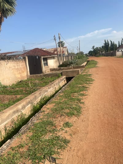 The image depicts an outdoor scene in Wauro Jabbe, Nigeria, under a clear blue sky, suggesting daytime. The setting is a dusty path next to a drainage ditch filled with grass and some debris. Along the path, there are several buildings, some appearing partially constructed or in a state of disrepair, with corrugated metal roofs and concrete walls. One building features barbed wire fencing, indicating a concern for security. Power lines are visible, strung between wooden utility poles, suggesting the presence of electricity infrastructure. Tall, thin trees and some palm-like vegetation are scattered throughout the landscape, interspersed with more grass and earth. The overall impression is one of a rural or semi-urban environment, potentially in a developing area. No people or specific activities are clearly visible, but the scene suggests everyday life in this location. The lighting indicates it is a sunny day.