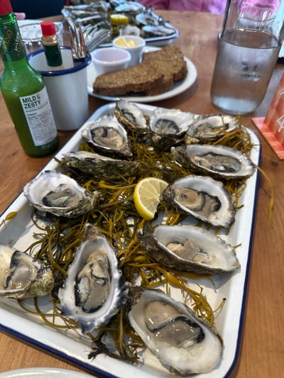 An overhead shot captures a table setting with a tray of fresh oysters, a bottle of Tabasco sauce, two small dipping sauce bowls, and bread. The oysters are served on a bed of what appears to be seaweed, arranged in a white enamel tray with a blue rim. A wedge of lemon rests on the tray near the oysters. In the background, a glass bottle filled with water and ice sits on a wooden table. The scene suggests a meal is being enjoyed at a restaurant in Rosduane, Ireland.