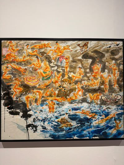 This is a framed watercolor painting depicting a chaotic scene filled with numerous nude figures. The figures are rendered in loose, energetic brushstrokes with predominantly orange and brown tones, suggesting human skin. They are arranged in a crowded composition, with some figures reclining, others in dynamic poses, and some appearing to be in motion. There are hints of a beach setting with a striped umbrella and what might be a beach towel at the bottom left.
On the right side of the painting, the scene transitions into a wash of vibrant blues, suggesting water or a dramatic sky, with several orange figures seemingly diving or falling into it. A bicycle is depicted in the upper right quadrant, adding an unexpected element to the human-centric composition. The background is a mix of earthy brown and dark, abstract shapes, contributing to the sense of disarray and intensity. Splatters and drips of paint are visible throughout, adding to the dynamic and somewhat frenetic quality of the artwork.
The overall impression is one of a bustling, perhaps overwhelming, moment captured with raw energy. There are no clear indicators of a specific time of day or weather conditions beyond the implied presence of water and the sunny hues of the figures. The emotional tone appears to be one of movement, energy, and possibly even a sense of being overwhelmed or submerged.
There is some faint, illegible text or scribbles incorporated into the painting, particularly on the left side and around some of the figures, but no clear words or phrases are discernible. The location context of La Cuesta, Spain, might imply a Mediterranean beach setting, though this is not explicitly depicted.