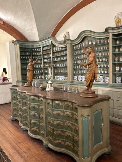 This image captures the richly detailed interior of a historical apothecary, likely in Heidelberg, Germany, given the context. The scene is dominated by ornate wooden cabinetry painted in muted greens and grays with gold accents, spanning from floor to ceiling and along a large counter.

On the left, an arched white ceiling with a brown-red trim suggests an old, grand architectural setting. The tall display cabinets are filled with countless small, labeled glass jars and ceramic containers of varying sizes and patterns, presumably holding various medicinal ingredients or preparations. Many labels are visible, including "SIMON," "AQU," "GED," and "EE."

In the foreground, a substantial wooden counter serves as a central feature, curving inwards and adorned with numerous small, dark green wooden drawers. Each drawer has an individual label, hand-painted in an ornate script, with text such as "LIP: CRUSTENDERENS," "EMPAD FRACT," "NITMENT," and "EBUR-RASUK," indicating their contents.

Two elaborately carved wooden statues, depicting draped male figures, stand prominently on the counter, acting as decorative elements or perhaps allegorical representations. Between them are vintage scales and other pharmaceutical tools. In the background, a person with dark hair is partially visible, leaning over what appears to be another section of the counter or display. The floor is made of wide, polished wooden planks. The overall atmosphere evokes a sense of history and the precise craft of traditional pharmacy.