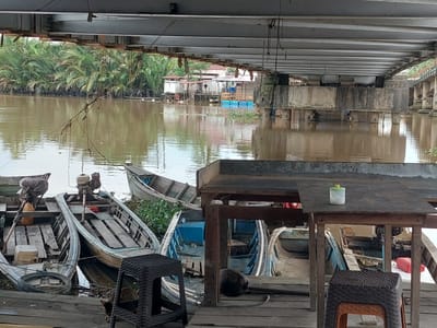 This is a photograph taken in Parit Baru, Indonesia, from underneath a bridge structure. The scene depicts a waterfront with several boats docked along a wooden pier. The water is a murky brown, reflecting the overcast sky and the underside of the bridge.
In the foreground, a weathered wooden table is set up, with a small white and green container on its surface. Two black woven stools are placed in front of the table. A cat is visible on the wooden planks near one of the stools.
Behind the table and stools, several boats are moored. These are mostly small, open-hulled vessels, some with outboard motors attached. The boats are wooden, showing signs of age and use. Some are partially covered with tarps. Lush green vegetation, likely palm trees or similar tropical plants, lines the opposite bank of the river, with some smaller structures, possibly homes or businesses, visible behind the foliage.
The bridge structure above is made of concrete and metal beams, with chains and wires hanging down. The overall impression is of a working waterfront or a riverside settlement.