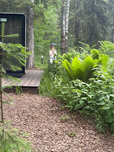 A person is standing in a forest, taking a selfie with a phone. The person is wearing a light-colored top and blue jeans. They are holding a yellow umbrella. The forest is dense with trees, including birch trees and pines. There is a modern structure with glass walls to the left of the frame, reflecting the surrounding forest. A wooden deck leads up to the structure. The ground is covered in wood chips and lush green ferns and other undergrowth. The setting appears to be a natural, wooded area, likely on the outskirts or within a national park in Bakhtiyary, Russia, given the vegetation and presence of modern structures designed to blend with nature. The lighting suggests it is daytime, possibly overcast due to the presence of the umbrella.