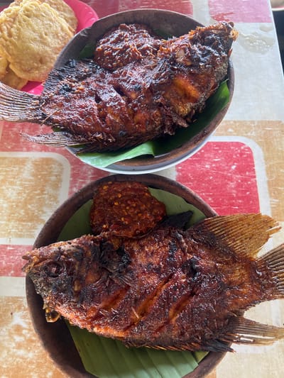 The image displays two whole, dark brown, cooked fish presented on a table surface in Gembong, Indonesia. Each fish, exhibiting areas consistent with grilling or frying, is served within a round, brown earthenware bowl lined with a green banana leaf. A portion of red chili paste, containing visible seed fragments, is positioned on top of each fish. To the upper left of the frame, a pink plastic plate holds several irregular, golden-brown fried items. The table surface features a faded geometric pattern composed of red, white, and beige tones. No individuals are visible.