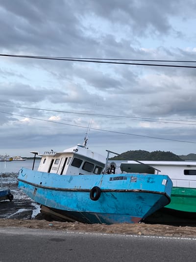 The image shows a blue boat named "KM. HANDAYANI 03" beached on the shore in Upt Tambak Sari, Indonesia. The boat leans to the left. A black tire is attached to its side. Mud and sand surround the boat's hull. To the right, parts of another boat can be seen, with white and green sections visible. In the background, there is water, a distant landmass, and a cloudy sky. A road runs along the bottom of the frame. Power lines are strung across the upper portion of the image.