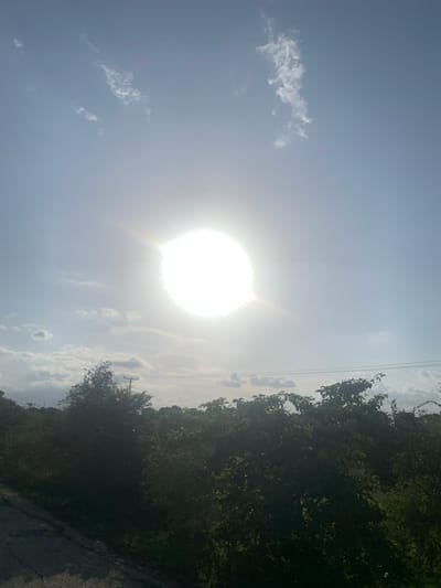 The image depicts a bright, hazy sun dominating the sky, casting a strong glare. Wispy clouds are scattered across the pale blue sky. Below, a line of dark green foliage stretches across the frame, with some trees interspersed. In the distance, telephone poles with wires are visible. A paved road with a cracked surface is in the lower left corner of the image. The overall impression is of an outdoor scene, possibly in a rural or semi-rural area, under bright daylight conditions. There are no people or animals visible in the image. The location is identified as Kardam C, Nigeria.