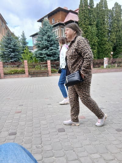 Two women walk along a paved sidewalk lined with stone-pillared fences and lush green trees. The woman in the foreground wears a leopard-print tracksuit and a black crossbody bag. The woman in the background wears a light blue jacket and jeans, with a backpack. Behind them, a wooden building with a pink roof and balconies is visible. The sky is overcast with scattered clouds. This scene appears to be located in Truskavets, Ukraine, a city known for its spa resorts and natural beauty.