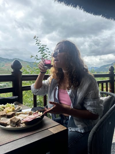 A woman with long, curly brown hair and round, gold-rimmed sunglasses is seated at a dark brown outdoor table on a balcony or terrace in Púng Luông, Vietnam. She is wearing a pink ribbed tube top, a light blue/white sheer long-sleeved button-up shirt worn open, and dark blue jeans. A thin white choker necklace is visible around her neck, and a black elastic band is on her left wrist. She is holding a small, clear glass containing a deep red/purple liquid to her mouth, appearing to drink.
On the table, there is a patterned placemat. A large white oval-shaped plate holds an assortment of open-faced sandwiches with dark bread, various cold cuts (including ham and salami), and soft cheese. A dark-colored smartphone is placed face-down on the table near her right hand. A smaller, partially visible plate to the left contains light green food items (possibly melon or lettuce) and a yellow, scrambled-egg-like dish, with a fork resting on it.
Behind the woman, a dark grey/black woven outdoor chair with a light grey cushion is visible. A dark brown wooden railing with decorative posts separates the dining area from a panoramic view of mountainous terrain, characterized by terraced hills, indicative of agricultural use. Lush green foliage and tree branches are visible through and above the railing. The sky is heavily overcast with grey clouds. A small section of a thatched roof is visible at the very top right of the frame.