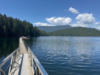 This is a landscape photograph of a sunny day at a lake in Port Moody, Canada, likely Rocky Point Park. In the foreground, a long, metal pedestrian pier extends from the left edge of the frame into the water, with metal railings on either side. The pier is casting shadows onto its surface. The lake water is dark and reflective, with small ripples on the surface.
Along the far left of the lake, a dense evergreen forest covers the shoreline, with tall trees reaching towards a clear blue sky dotted with fluffy white clouds. In the distance, rolling, tree-covered mountains form the horizon.
Several small boats are visible on the lake. Near the pier, a group of people are gathered on a floating platform or a series of connected rafts, some of whom are standing. Further out on the water, there are a few other small boats, including what appears to be a kayak or a small motorboat with people in it. The overall atmosphere is serene and recreational.