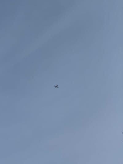 A solitary airplane appears silhouetted against a overcast sky, positioned near the center of the frame. The plane's form is small and simplified, suggesting significant distance. The sky is uniformly gray-blue, devoid of clouds or distinct atmospheric features. The image lacks contrast and has a muted color palette.
