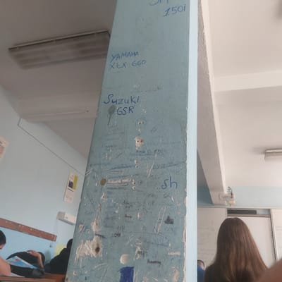 The image depicts the interior of a classroom, specifically focusing on a light blue painted pillar or column with numerous inscriptions. The pillar is worn and appears to have several small holes or indentations. The inscriptions are in blue ink and include brand names of motorcycles such as "YAMAHA XTX 660", "Suzuki GSR", and "Honda SH 150i". There are also various other scribbled words, names, and symbols. In the background, a fluorescent light fixture is visible on the ceiling. To the left, a light blue wall is present, with a wooden shelf or rail running horizontally. A calendar is attached to this wall. In the lower left portion of the image, two students are partially visible, seated at desks and engaged in activities. The overall environment suggests a school setting. The location of Ablanitsa, Bulgaria is mentioned in the prompt but is not visually evident from the image itself.