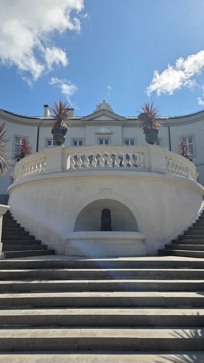The image shows a wide, curved white stone staircase leading up to a semicircular building. The staircase is bordered by grey stone steps and has a white balustrade along its upper section. At the top of the stairs, on a circular terrace, are two large planters with spiky, reddish-brown plants. In a semicircular niche below the balustrade is a dark statue, possibly of a dog. The building behind the terrace is light-colored with multiple windows. The sky above is bright blue with scattered white clouds. This scene is located at the Palanga Amber Museum in Palanga, Lithuania.