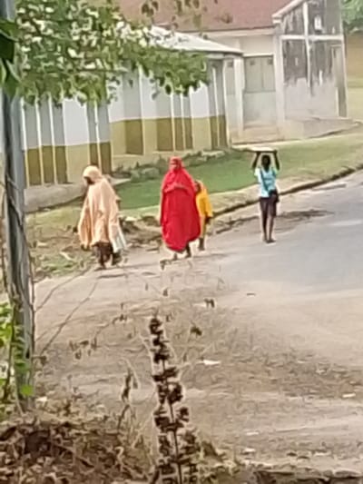 A group of people walks along a street. One person wears a flowing tan garment, another is draped in red, and a child in yellow accompanies them. A fourth figure stands in the distance carrying something above their head. Buildings with vertical stripes are visible in the background. Vegetation is present in the foreground.