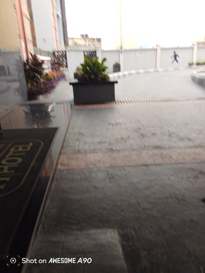 The image depicts an outdoor scene, possibly a hotel entrance in Ibadan, Nigeria. In the foreground, a dark doormat with yellow lettering, partially visible, reads "HOTEL". To the left, a building with a cream-colored facade and reddish-orange vertical accents is visible. Adjacent to the building, a planter box contains lush green foliage. Beyond the planter box, a paved area features a pedestrian crossing marked by alternating grey and white squares. In the background, a light-colored wall is adorned with a silhouette of a person walking. The overall environment appears to be an urban setting with paved walkways and a building entrance.