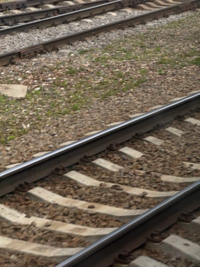The image depicts a section of railway tracks in Aprelevka, Russia. The tracks are composed of metal rails supported by concrete sleepers, all embedded in a bed of gravel and ballast. Sparse green vegetation is visible growing between the ballast stones. The scene is captured from a slightly elevated, diagonal perspective, emphasizing the parallel lines of the tracks extending into the distance. No people or distinct structures are discernible in the immediate vicinity. The lighting suggests it is daytime, with no prominent shadows indicating a specific time of day. The overall impression is one of a functional, albeit somewhat overgrown, transportation infrastructure.