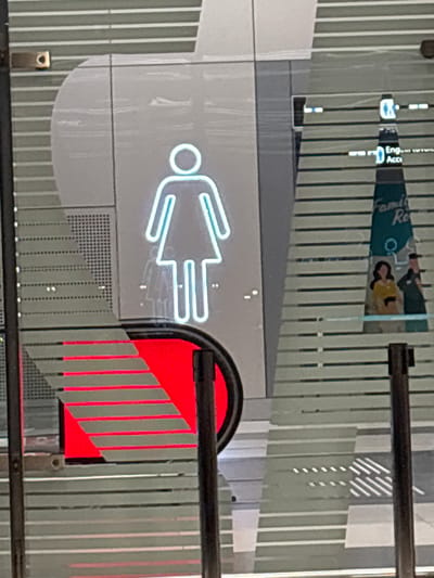 This image depicts an interior scene in Arnavutköy, Turkey, likely within a modern public facility such as an airport. The primary subject is a prominent, vertically oriented, light-blue neon sign of a stylized female figure, indicating a women's restroom. This sign is mounted on a light grey wall featuring horizontal striping. The photograph is taken through a reflective surface, likely glass, which introduces multiple superimposed elements.
Reflections on the glass include horizontal patterns consistent with the wall texture. Below the main sign, a red illuminated object or area is visible, partially obscured by diagonal grey lines, possibly reflecting an escalator or stairs. To the right, reflections reveal details of a display or poster: a vertical banner partially visible as "Fami Re" (likely "Family Room"), with two stylized figures (a woman in a yellow top and a man in a dark green top and cap) beneath it. Above the banner, the reflection shows text such as "Eng Acc" (possibly "English Accessibility") and a small icon depicting multiple figures, with another overhead sign displaying two stick figures. Dark vertical metal bars are visible in the foreground on both the left and right, suggesting a railing or frame. A small, golden-brown metallic fixture is attached to the far left wall. Perforated grey panels are also visible on the wall to the left of the main neon sign.