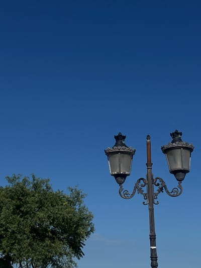 An ornamental street lamp with two lights stands against a clear blue sky. The lamp is made of dark metal with intricate scrollwork. To the left of the lamp, the upper portion of a leafy green tree is visible. The setting appears to be outdoors, likely in a public area. The image does not depict any people or specific actions. The location is identified as Năvodari, Romania.