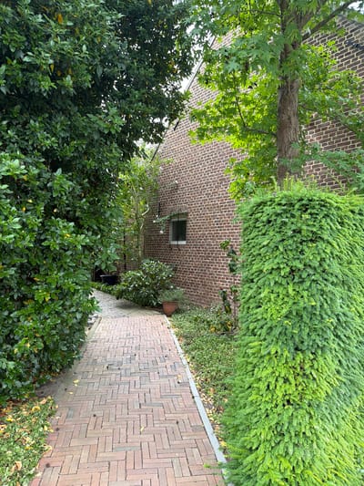 The image shows a paved walkway lined with lush green bushes and trees, leading towards a brick building. The walkway is constructed with red bricks laid in a herringbone pattern. To the left of the walkway, dense green foliage forms a natural barrier. To the right, a large, cone-shaped evergreen bush is prominently featured, with the brick wall of a building visible behind it. The building has a visible window with a dark frame. The overall scene suggests an outdoor setting, likely a garden or courtyard within a residential or public area. The foliage indicates a temperate climate, and the architectural style of the brick building suggests a European setting. The provided information indicates the location is the city of Melick, Netherlands.