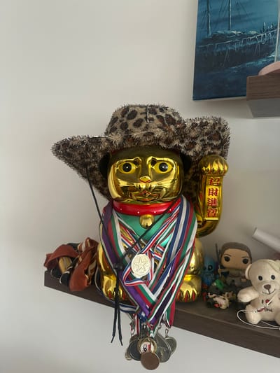 The image displays an indoor shelf arrangement against a plain white wall in Zdravets, Bulgaria. A large, golden Maneki-neko figurine, approximately 30-40 cm tall, occupies the central foreground. The figurine wears a brown and black leopard-print cowboy hat with a black chin strap and a red collar. Numerous multicolored ribbons, consistent with medal lanyards, are draped around its body, with multiple circular medals hanging from them; one prominent gold-colored medal features a star and "2008." The Maneki-neko's right paw is raised, holding an object inscribed with four red-orange Japanese characters.

To the immediate left of the figurine, several folded fabric items in earth tones are stacked on the shelf. To the right, various smaller decorative objects are positioned, including a Funko Pop-style figurine resembling a female character with a staff, a blue alien-like figurine, a small white plush teddy bear, and several indistinct dark figurines. A white rolled object is partially visible behind these items. Above the shelf, a rectangular art piece depicting a dark blue boat scene is affixed to the wall. A second, higher dark brown shelf is partially visible above the artwork on the right. No individuals are present in the scene.