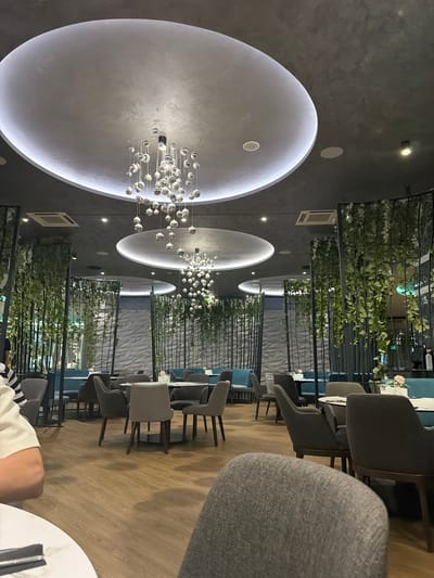The image depicts the interior of a modern restaurant with a minimalist design. The scene is dimly lit, suggesting it could be evening or a low-light indoor setting. The walls are a dark, textured gray, contrasting with large, illuminated oval ceiling features. A contemporary chandelier with numerous spherical glass elements hangs from the ceiling, casting a soft glow.
The restaurant features rows of contemporary chairs, primarily in shades of gray and blue, with dark wooden legs. These chairs are arranged around tables, some of which are partially visible. Vertical partitions adorned with lush green artificial plants create a sense of division and add a touch of nature to the space. The floor is covered in light-colored wooden planks, contributing to the modern aesthetic.
In the foreground, a person's arm and shoulder are visible, wearing a white and black striped shirt. They are seated at a table with a white marble-patterned tabletop, where cutlery is arranged. The presence of the person suggests ongoing dining or a social gathering. The overall atmosphere appears calm and sophisticated, suitable for a restaurant or lounge. No visible text is present in the image. The location is specified as Hisarya, Bulgaria.