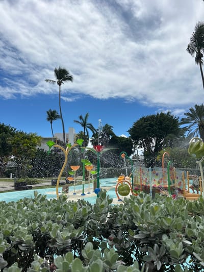 The image depicts a water park in Sainte-Anne, France. A blue sky with scattered clouds forms the backdrop, punctuated by palm trees. In the foreground, playful water features are actively spraying water. Lush greenery flanks the water park, and a light-colored building is visible in the background. The image focuses on the water park's features, showcasing the recreational environment.