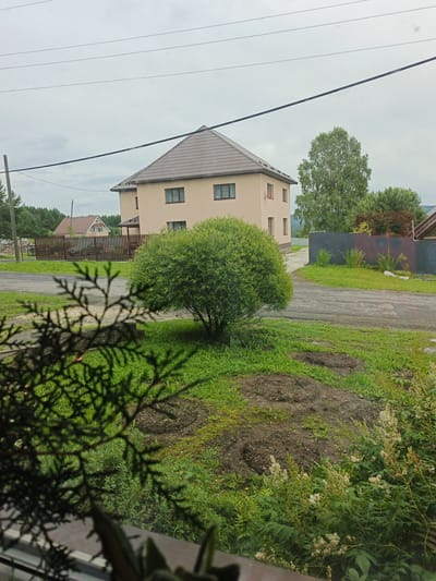 This is a medium shot, taken outdoors, of a residential area in Medvedyovka, Russia. The scene is dominated by a light-colored, two-story house with a brown, tiled roof. The house has several rectangular windows, some with dark frames and others with lighter frames. A brown awning is visible over the front door.

In front of the house, there is a circular patch of bare earth, suggesting a garden bed or recent landscaping. To the left of this patch, a round, lush green tree with fine foliage is prominently featured. Further to the left, a dark, leafy branch from a foreground plant obscures part of the view. Beyond the bare earth and the round tree, there is a paved road or driveway.

To the right of the road, a dark-colored fence with vertical planks runs horizontally. Behind this fence, more greenery and what appears to be another house or building with a brown roof can be seen. The background is filled with a dense forest of tall, green trees.

The weather appears overcast, indicated by the bright, diffused light and the pale, cloudy sky. The overall mood of the image is quiet and peaceful, with no people or animals visible. The time of day is indeterminate due to the overcast conditions. There is no visible text in the image.