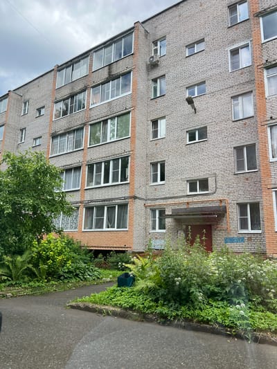 This media file captures an exterior view of a multi-story brick apartment building in Kimry, Russia. The building, constructed with light grey bricks and accented with orange brick trim, features numerous windows of various sizes. Some windows are clear, reflecting the cloudy sky, while others are obscured by blinds or curtains. An air conditioning unit is visible on one of the lower floors. The building is surrounded by lush green foliage, including trees and bushes, with some flowering plants adding white accents. A paved walkway or road runs alongside the building and the vegetation. The lighting suggests it is daytime, and the overcast sky indicates cloudy weather. There is no visible text in the image.