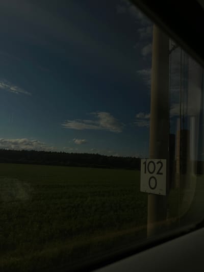 The image shows a view from a window, likely from a vehicle, looking out at a rural landscape with a clear blue sky dotted with white clouds. In the foreground, a thick concrete pole is visible, and attached to it is a white sign with black lettering. The sign reads "102" on the top line and "O" on the second line, with smaller markings "020" at the bottom. The landscape includes a green field and a dark line of trees in the distance. The reflection of the sky and some structure can be seen on the window. The image is underexposed, giving it a dark and moody feel. It is not possible to determine the specific location within Wittenberg, Germany, from this image alone.