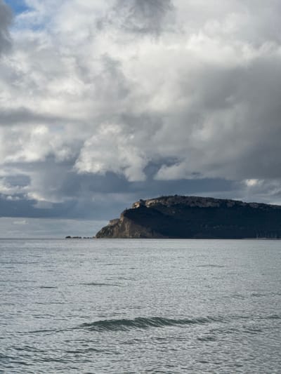 The image displays a coastal landscape under an overcast sky, observed from the sea toward the Promontory of Sella del Diavolo, visible from the coastline of Quartu Sant'Aleni/Quartu Sant'Elena, Italy. The upper half of the frame is dominated by dense, grey and white stratocumulus clouds, with intermittent patches of brighter sky. A prominent, dark green, heavily vegetated headland occupies the mid-ground. Its left side features a steep, light-colored cliff face, at the summit of which faint structures or ruins are discernible. Small, dark rock formations are present in the water near the base of this cliff. To the far right, at the base of the headland, a cluster of thin white vertical lines suggests the masts of vessels within a distant marina. The lower half of the image consists of the sea, characterized by a rippled, grey surface with small waves; one distinct wave crest is visible in the foreground. No individuals, animals, or active vehicles are present. The lighting is diffused, resulting in a muted color palette.