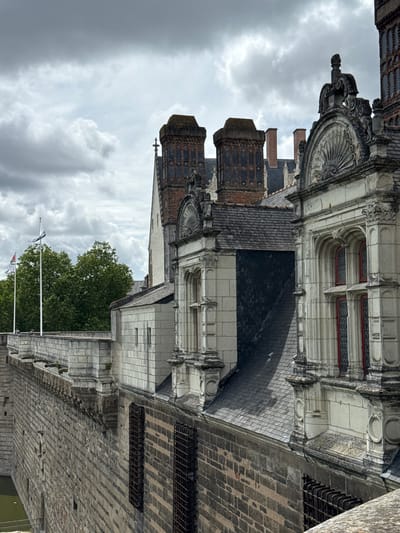 The image shows a view of the Château des ducs de Bretagne in Nantes, France. The architecture is a mix of Gothic and Renaissance styles, with crenellated ramparts, stone walls, and decorative stone carvings. The sky is overcast with dramatic clouds. In the background, there are trees and flags flying. The focus is on the stone structures of the castle, with detailed shots of the windows, roofs, and chimneys. The overall impression is one of historical grandeur and imposing fortification.