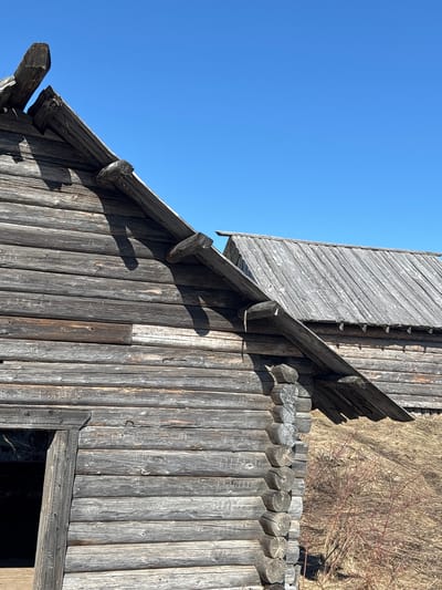 The image captures a weathered wooden structure in Gubakha, Russia, situated against a clear blue sky. The building's exterior is constructed from vertical logs or planks, exhibiting a gray, aged appearance. At the top of the frame, there is a section of horizontal logs, possibly a fence or part of the structure's design. Some logs have carved or inscribed surfaces. The structure features a sloping roof with what appears to be a drainage system. There's a glimpse of dry grass or vegetation behind the structure. The image is a mid-angle shot, focusing on the details of the wood and the building's design.