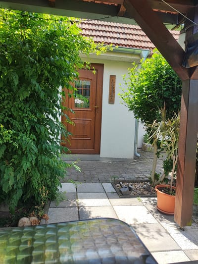 The image depicts a quaint backyard patio area in Opatovice, Czechia, on a bright, sunny day. A wooden door with a small window pane is set into a white stucco wall, flanked by lush green foliage. To the right of the door, a vertical wooden thermometer is mounted on the wall, displaying temperature markings. The patio itself is paved with interlocking gray stones, leading towards the house.
In the foreground, the edge of a reflective surface, possibly a table, partially obscures the view of the patio. To the right, a wooden pergola structure with a dark brown beam casts shadows on the paved area. Beside the pergola, a potted plant with slender, variegated leaves sits in an orange terracotta pot. Behind this plant, more dense greenery suggests a garden setting. The overall scene conveys a peaceful, outdoor living space, bathed in the warm light of a summer day. The neatly arranged paving stones and the well-maintained plants suggest a cared-for property.