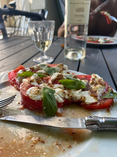 This is a close-up, vertical, eye-level shot of a Caprese salad with mozzarella and basil, drizzled with a balsamic vinaigrette and whole grain mustard, served on a white plate. The salad is arranged on sliced tomatoes and mozzarella cheese, garnished with fresh basil leaves. A fork is visible to the right of the salad, and a knife is positioned on the right edge of the plate.
In the background, a partially visible bottle of white wine, labeled "Domaine de la Fourche B. VINDOL 2020", stands on a dark wooden table. A wine glass, filled with white wine, is placed to the left of the salad. The scene appears to be outdoors, possibly on a patio or terrace, given the wooden table and natural lighting. The lighting suggests it is daytime, with a bright, sunny atmosphere. The overall impression is one of a relaxed meal, likely lunch or an early dinner, enjoyed in a pleasant setting. The presence of the wine and salad implies a culinary experience. The location context of Bièvres, France, suggests a possibly French or European setting.