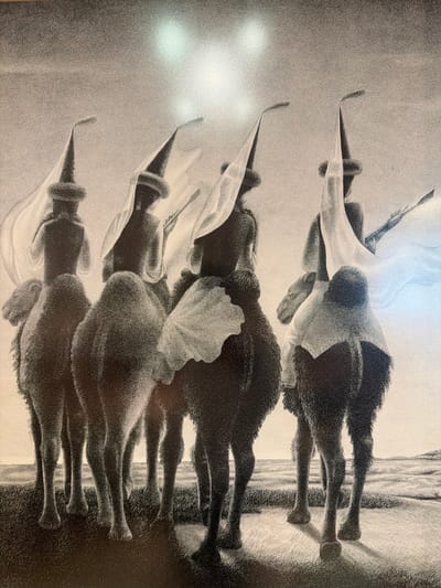 This is a black and white stipple drawing depicting four figures on horseback, viewed from behind. Each figure wears a tall, pointed hat adorned with fabric that drapes down. They are also draped in white, flowing fabric that appears to be veils or ceremonial garments. The horses are heavily textured with stippling, giving them a furry appearance. The background shows a flat, textured landscape with a distant, rolling hill under a bright, possibly overcast sky. The drawing is characterized by its meticulous use of dots to create shading and form. There is no indication of the city of Ankara, Turkey within the image.