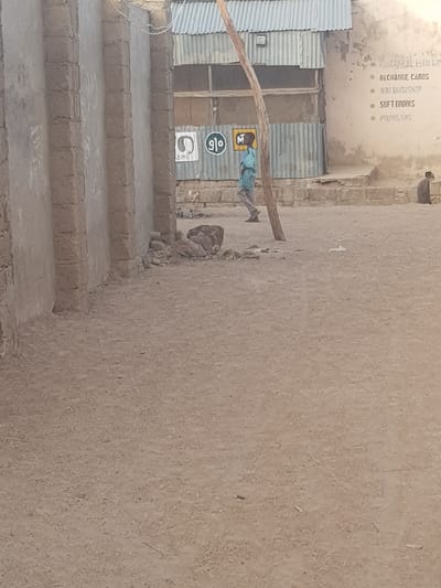 The image depicts a street scene in Dutsinma B, Nigeria. On the left, there are a set of concrete stairs leading up to a building with a corrugated metal facade. Painted on the wall are advertisements for "Glo" and "airtel," along with a sign listing "Recharge Cards," "Mini Bookshop," "Soft Drinks," and "Provisions." A wooden branch extends diagonally across the frame. A person wearing blue clothing is walking near the entrance. The background features a tan-colored wall.